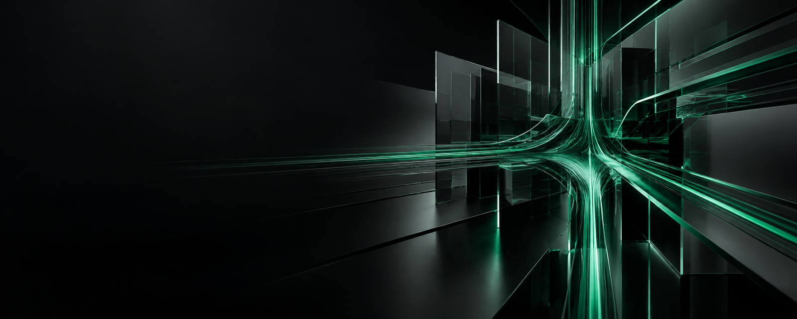 Linhas luminosas verdes atravessam uma estrutura de vidro escuro, representando fluxos digitais conectados